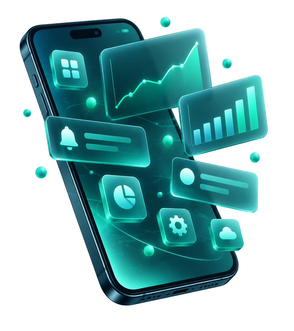 Celular com gráficos e informações do aplicativo saindo da tela